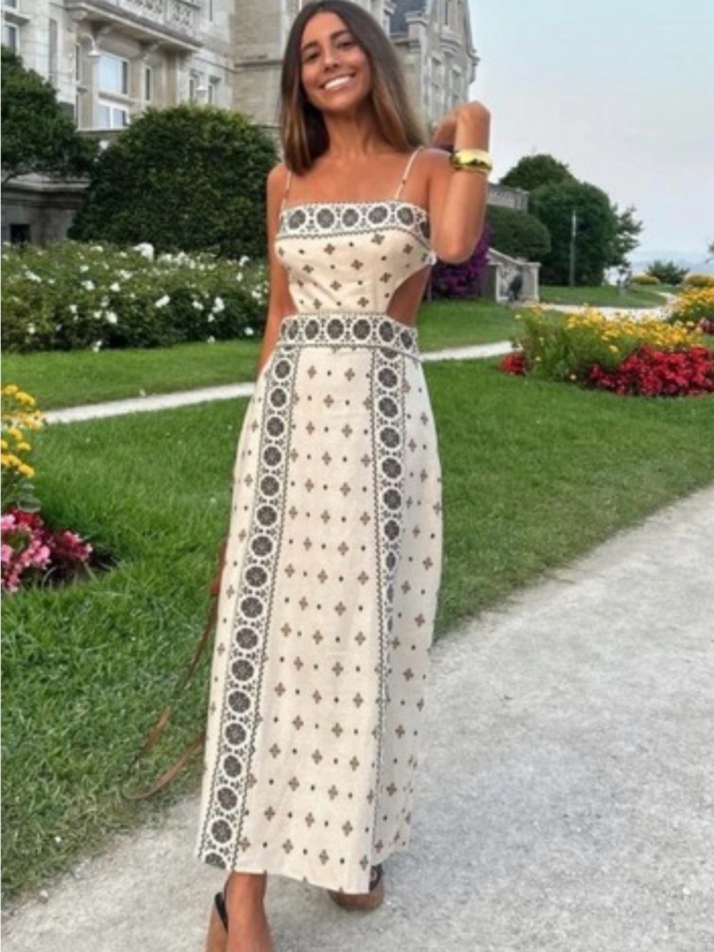 Zara Linen Cream Printed Cutout Maxi Dress with Black Trim